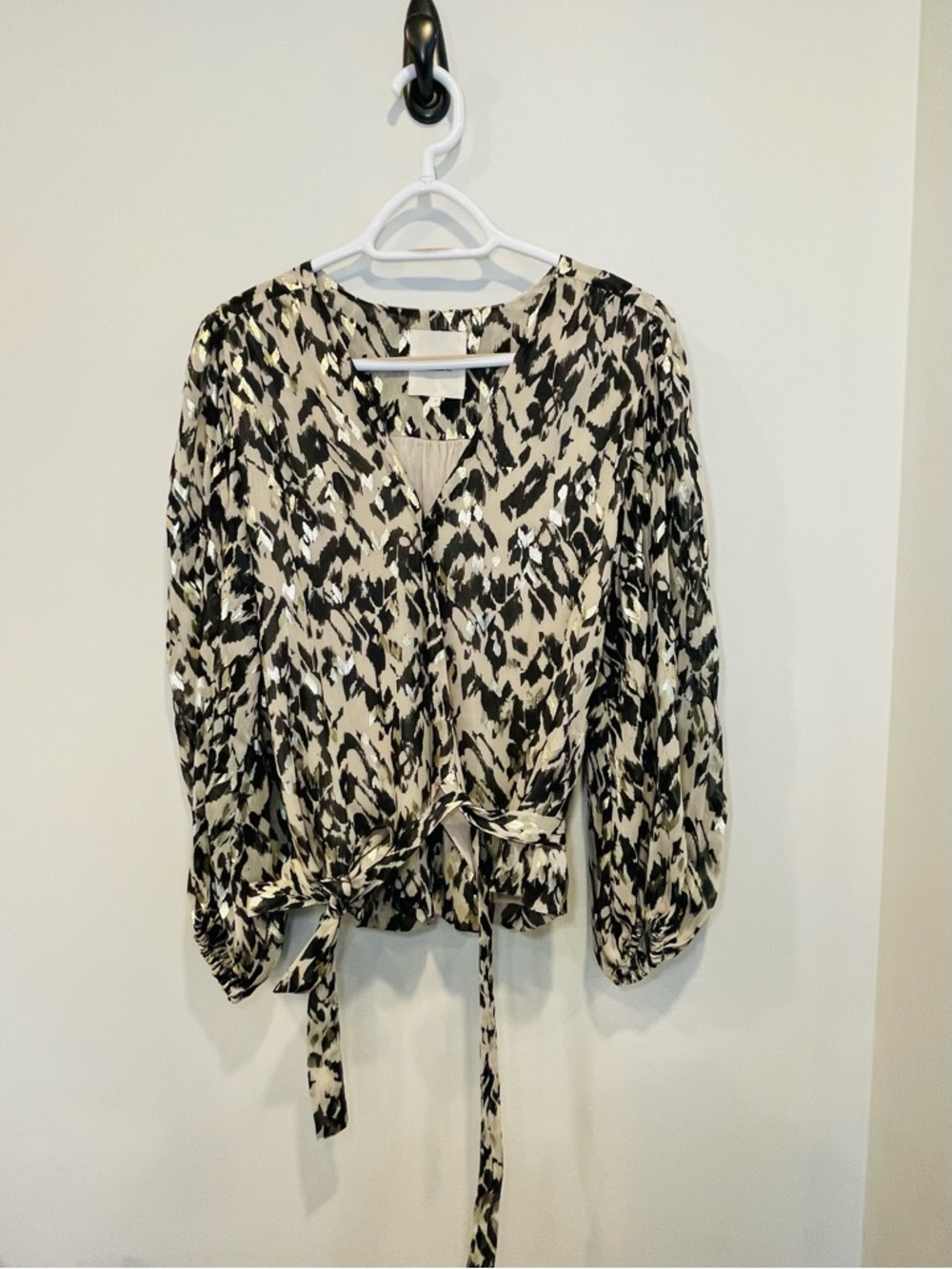 Part Two Women's Beige and Black Tie-Waist Animal Print Wrap Blouse - Picture 2 of 6